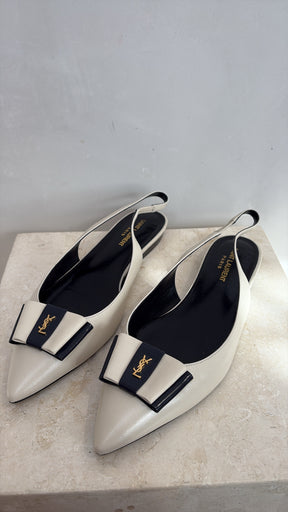 Saint Laurent Ecru and Navy Leather Pointed Logo Slingback Flats, 40