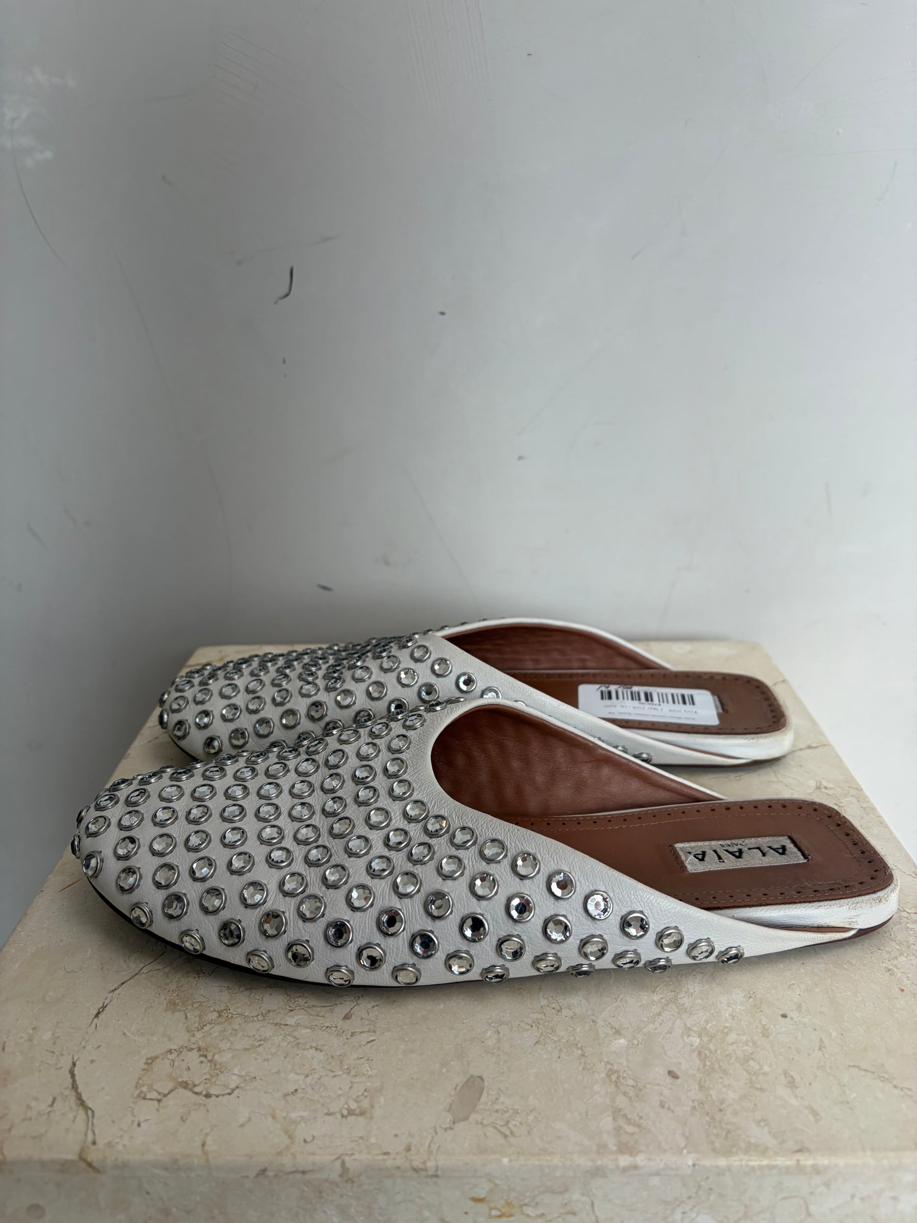 Alaïa White Leather Crystal Slides, 39