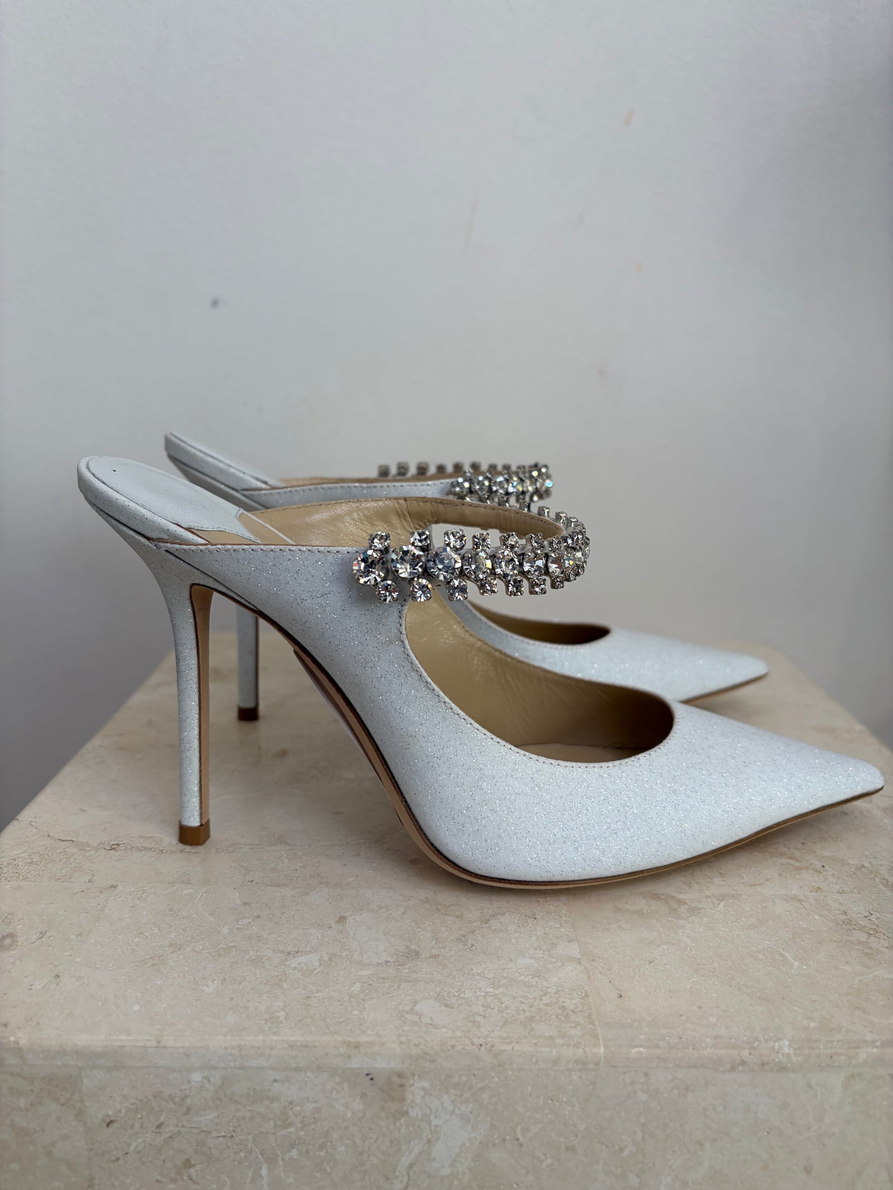 Jimmy Choo White Glitter Crystal Bing Mules, 38