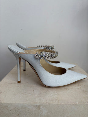 Jimmy Choo White Glitter Crystal Bing Mules, 38