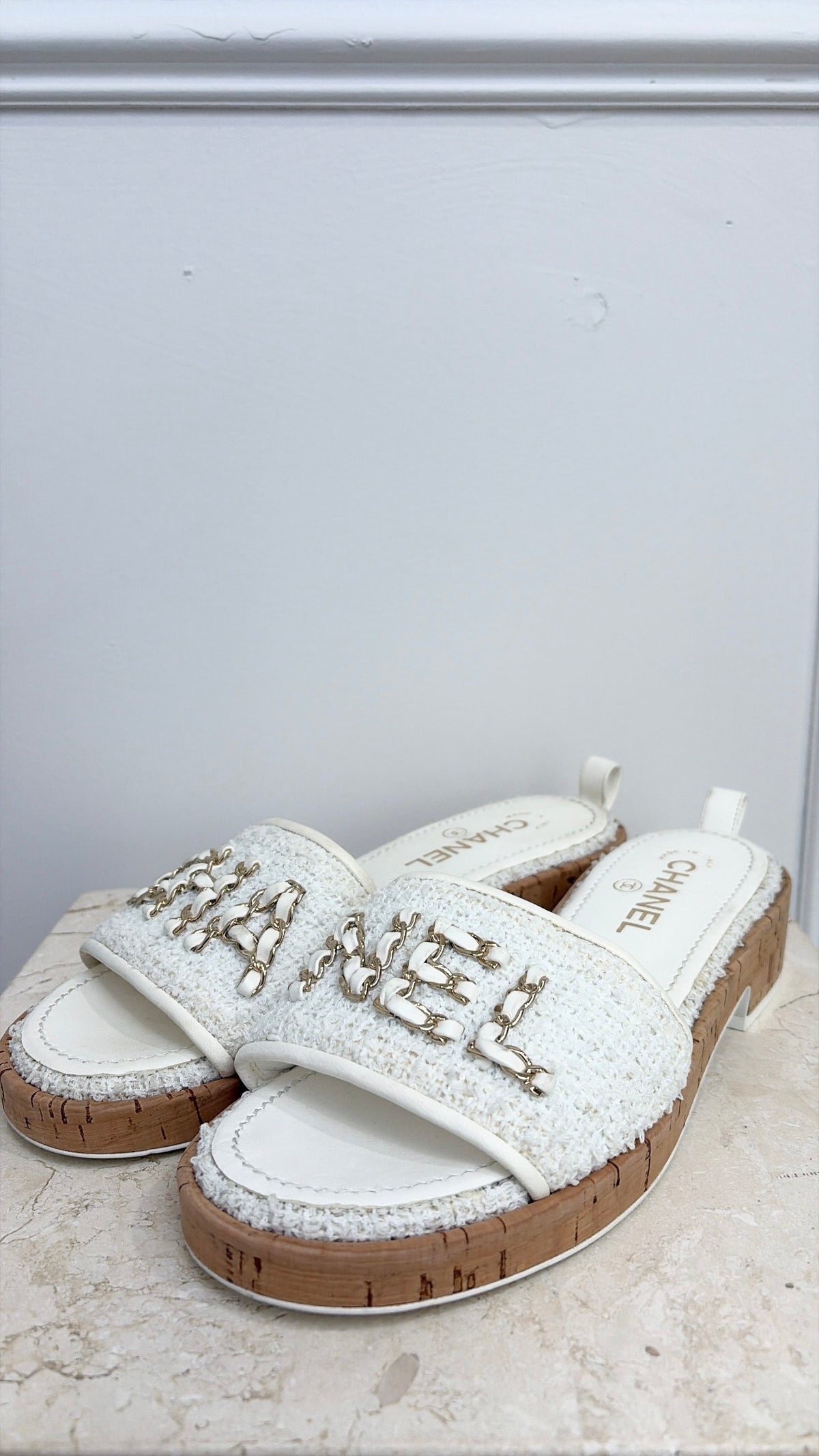 Chanel Tweed Logo Mules White, 38.5