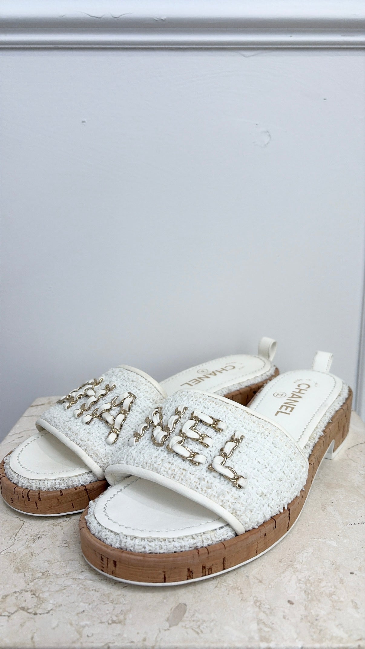 Chanel Tweed Logo Mules White, 38.5