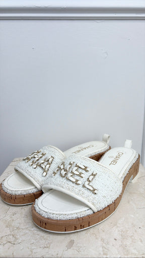Chanel Tweed Logo Mules White, 38.5