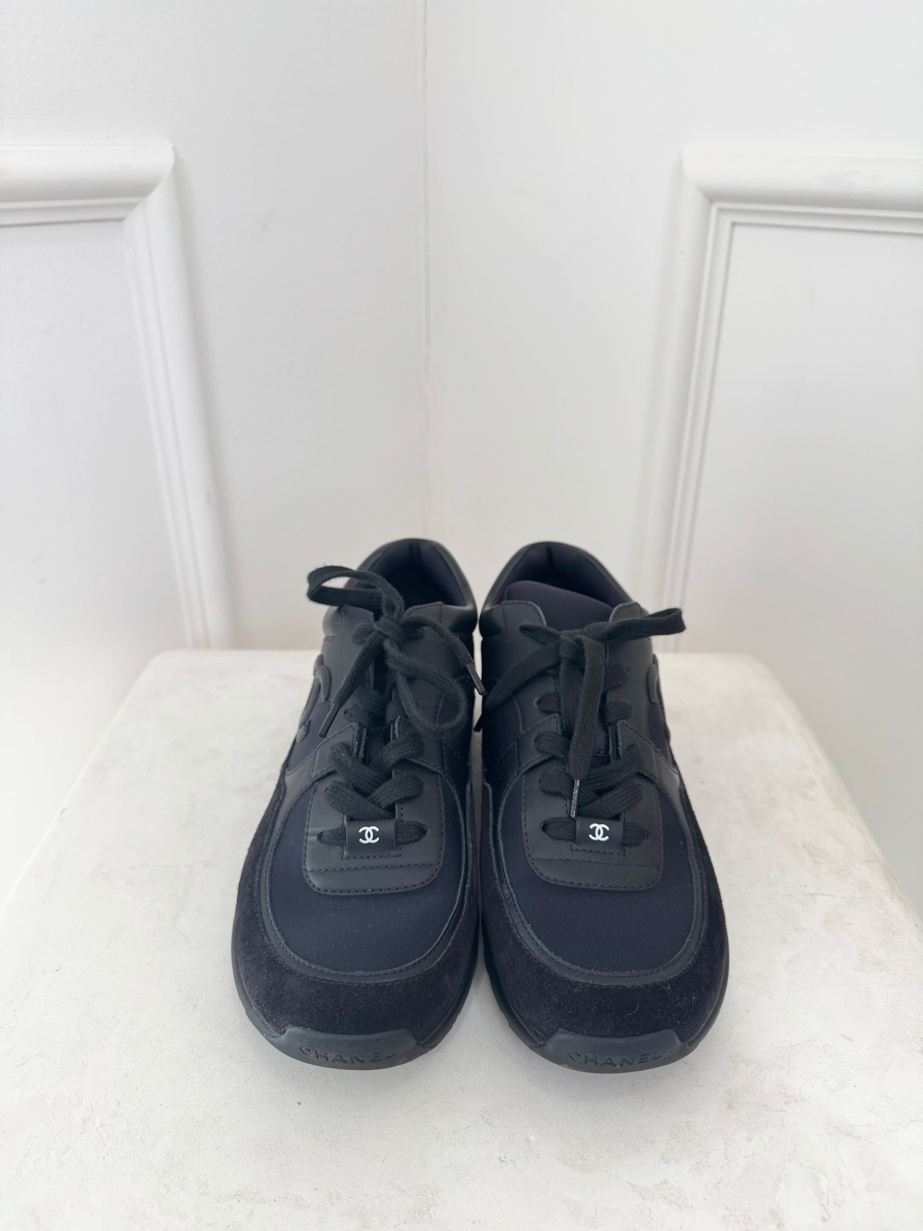 Chanel Black Leather and Suede CC Sneakers, 39.5