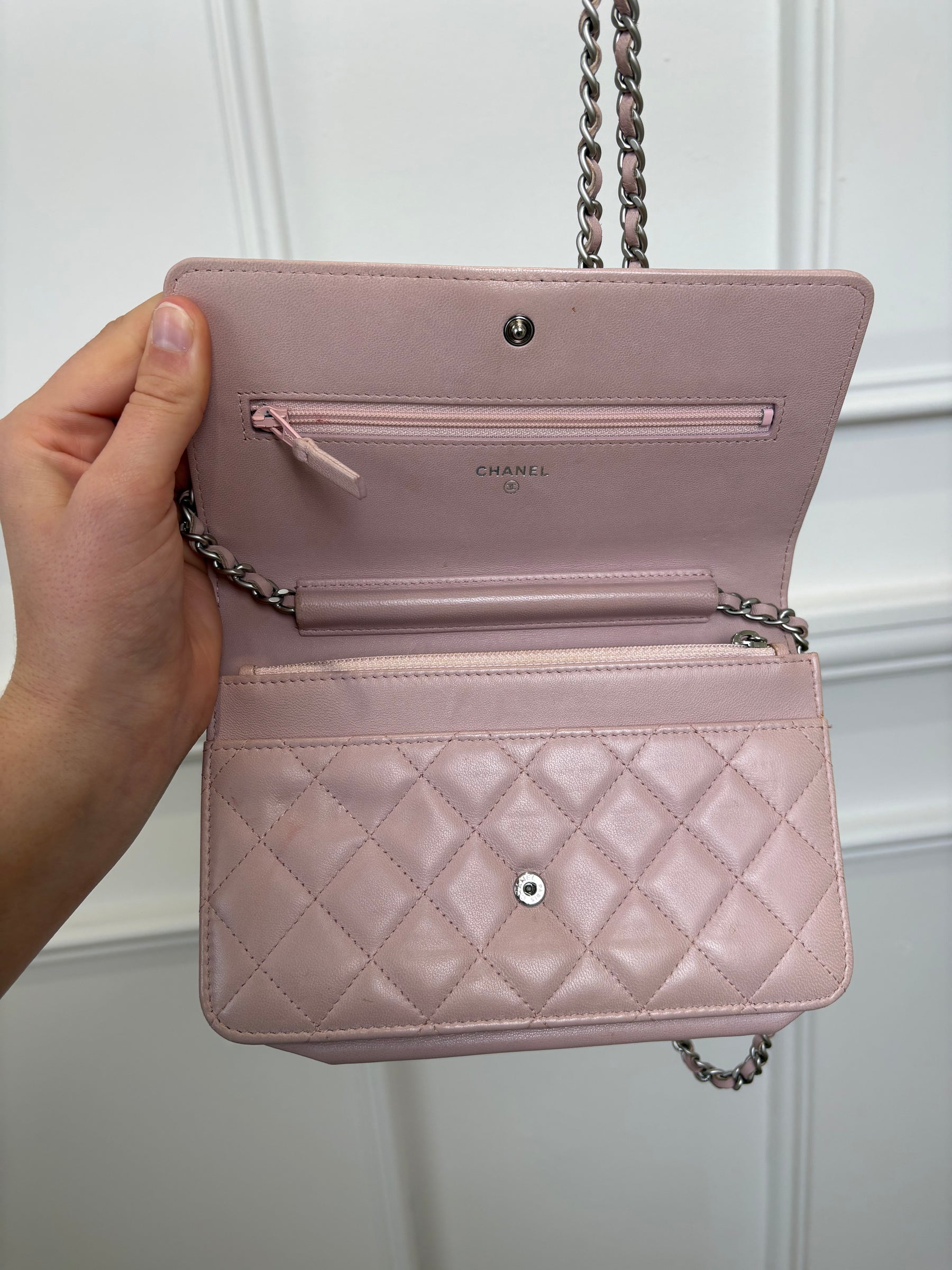 Chanel Baby Pink Iridescent Leather Boy Wallet On Chain