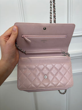 Chanel Baby Pink Iridescent Leather Boy Wallet On Chain