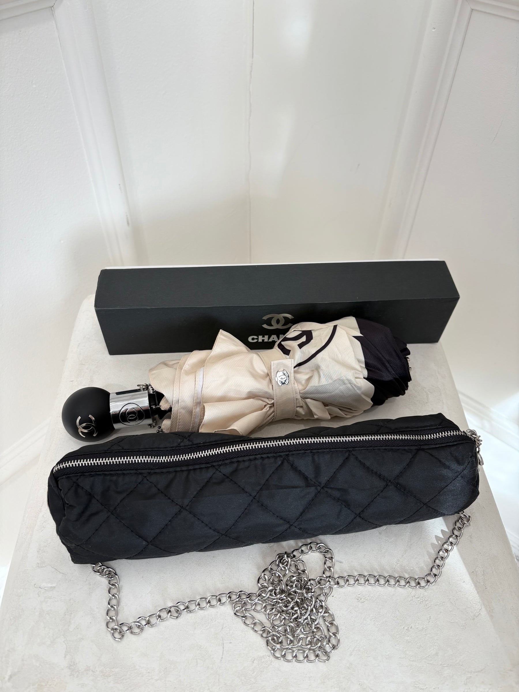 Chanel Black and Cream Logo Umbrella with Case
