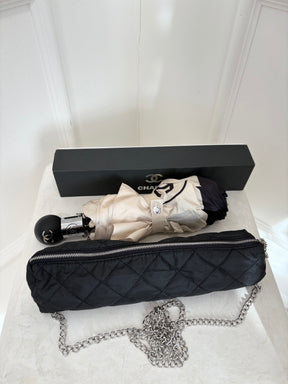 Chanel Black and Cream Logo Umbrella with Case