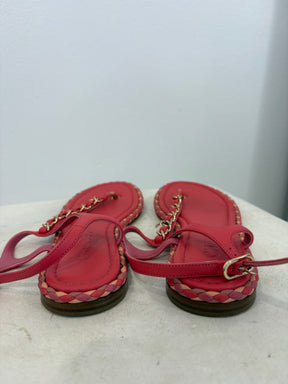 Chanel Pink Leather Chain T Bar Sandals, 37C