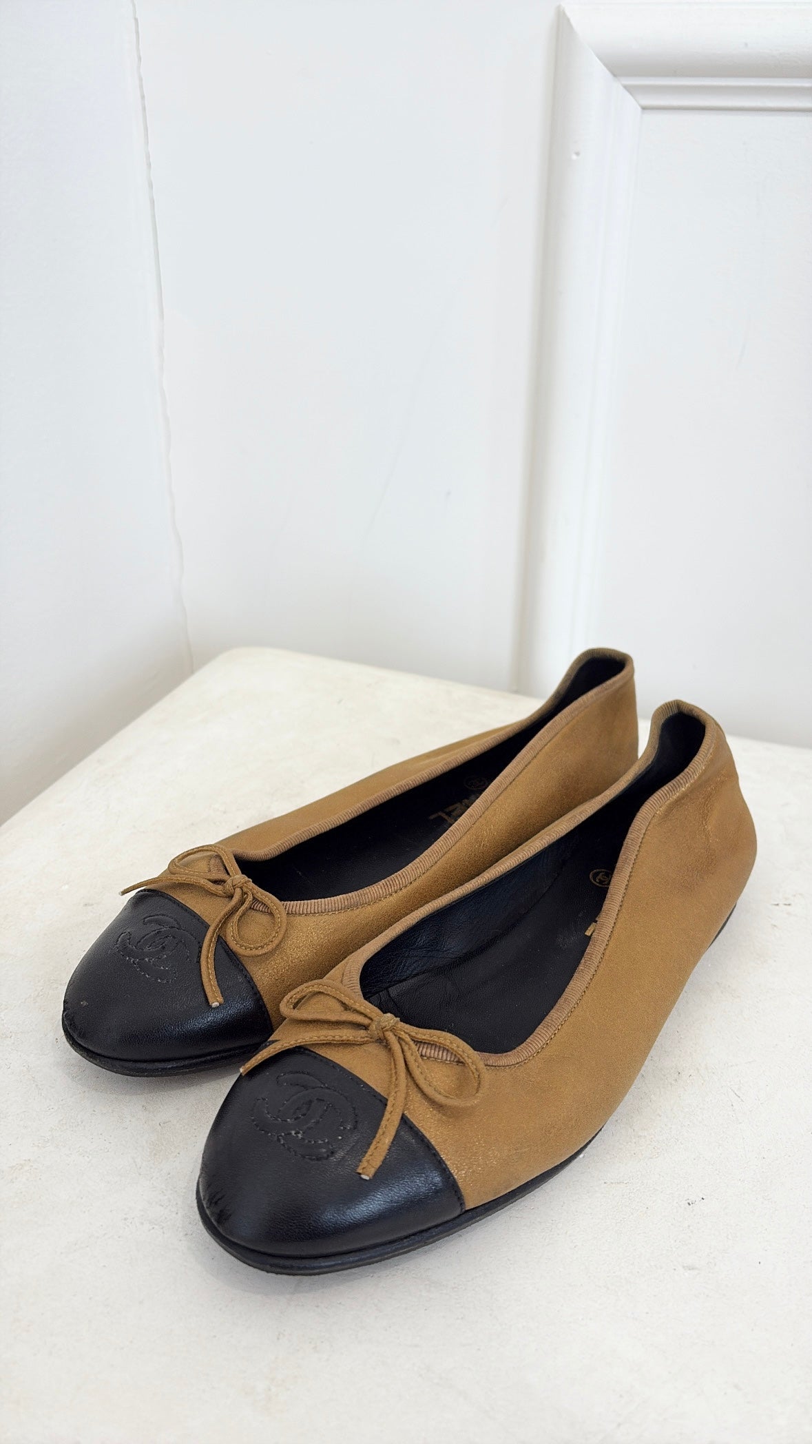 Chanel Bronze and Black Leather Ballet Flats, 38.5