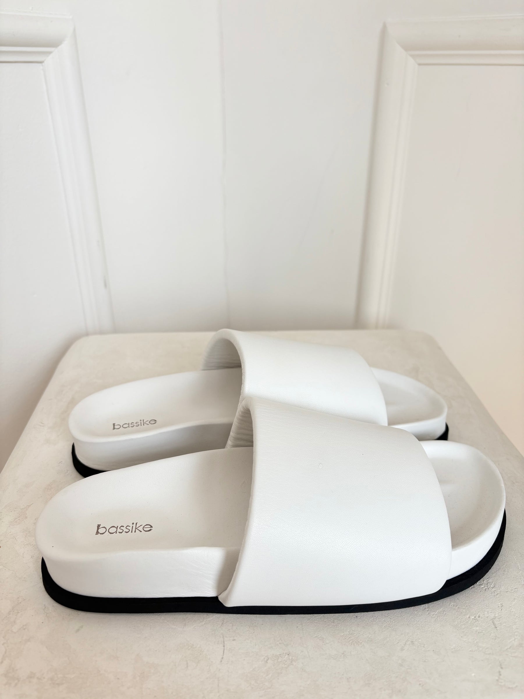 bassike White Leather Padded Slides, 40
