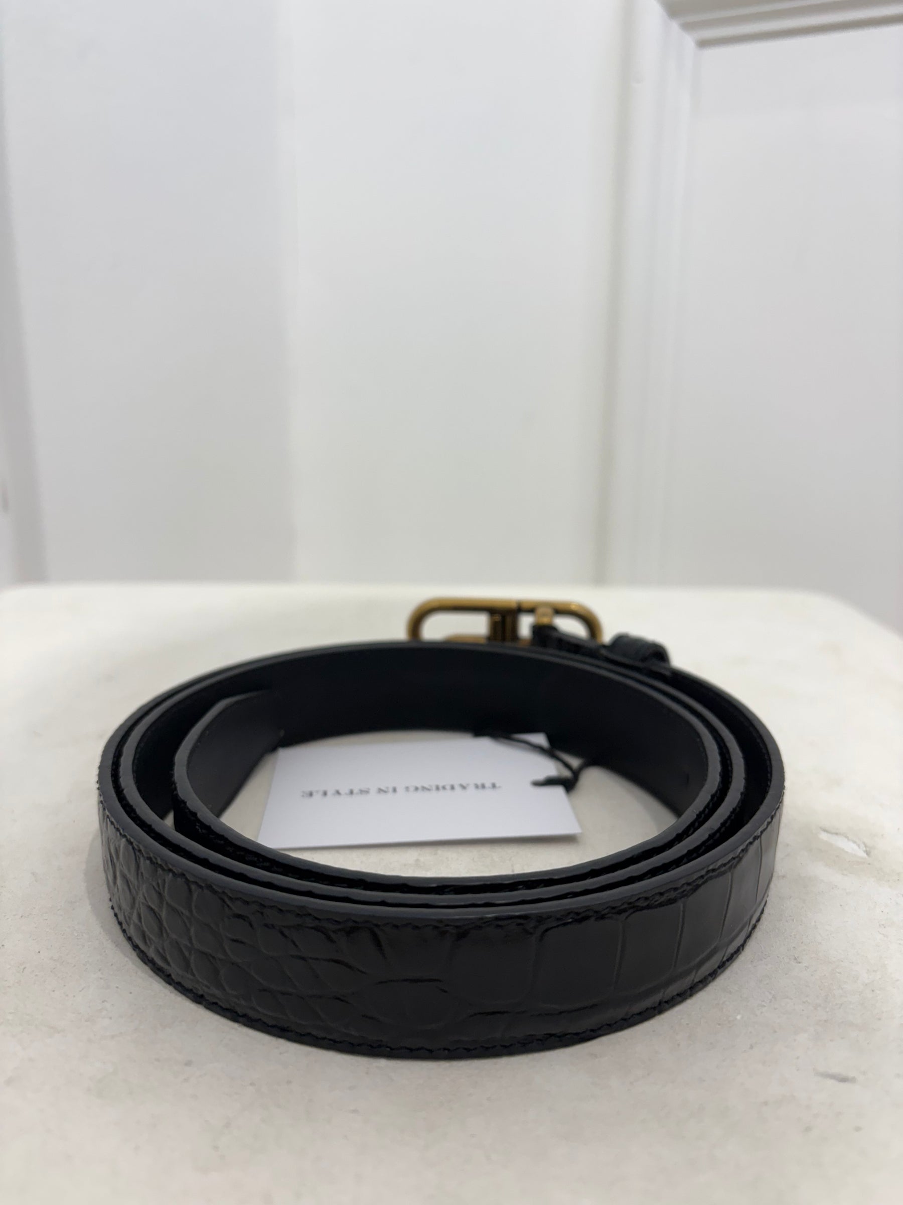 Balenciaga Black Croc Embossed Leather Logo Belt, 95