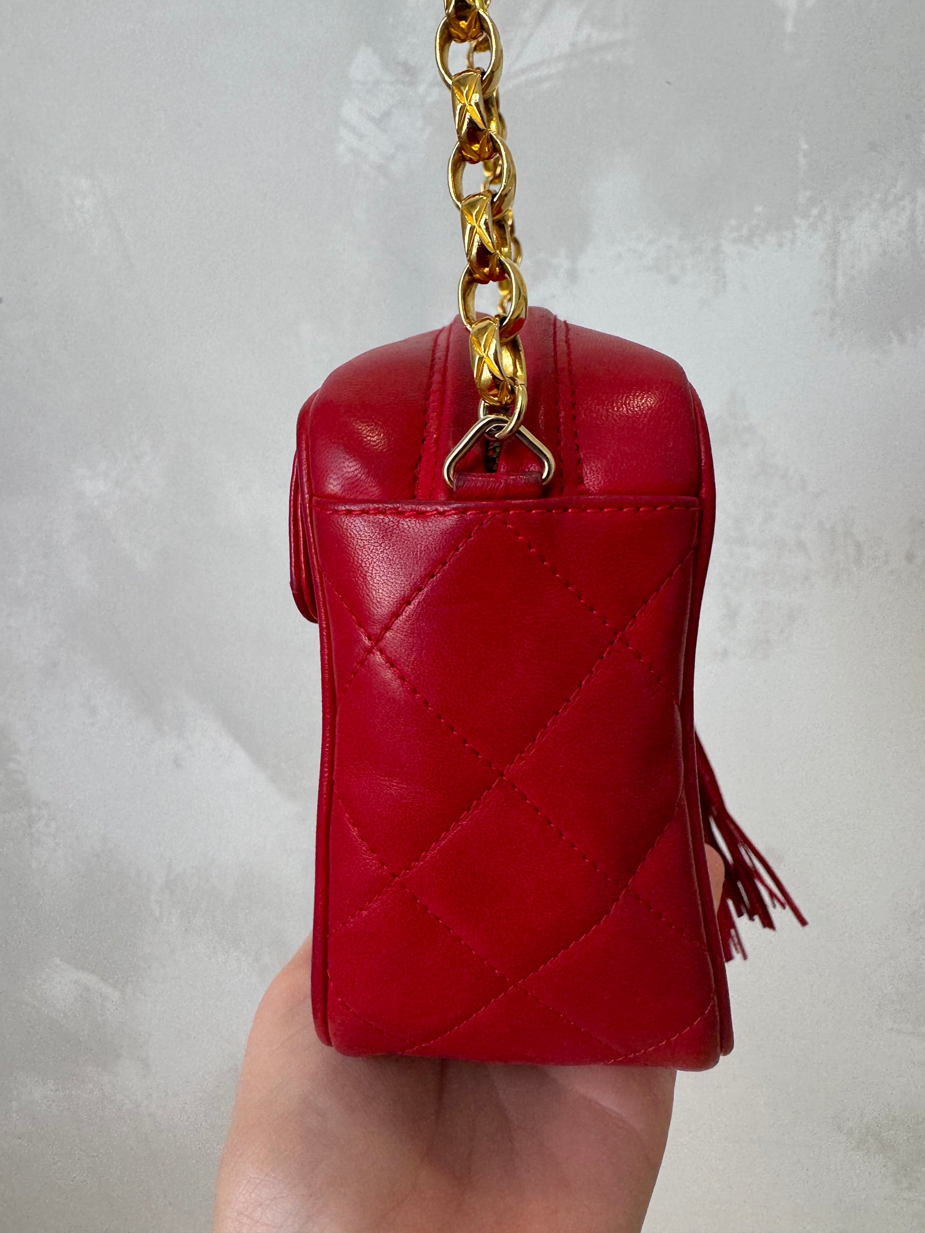 Chanel Red Leather Turn Lock Logo Tassel Camera Bag