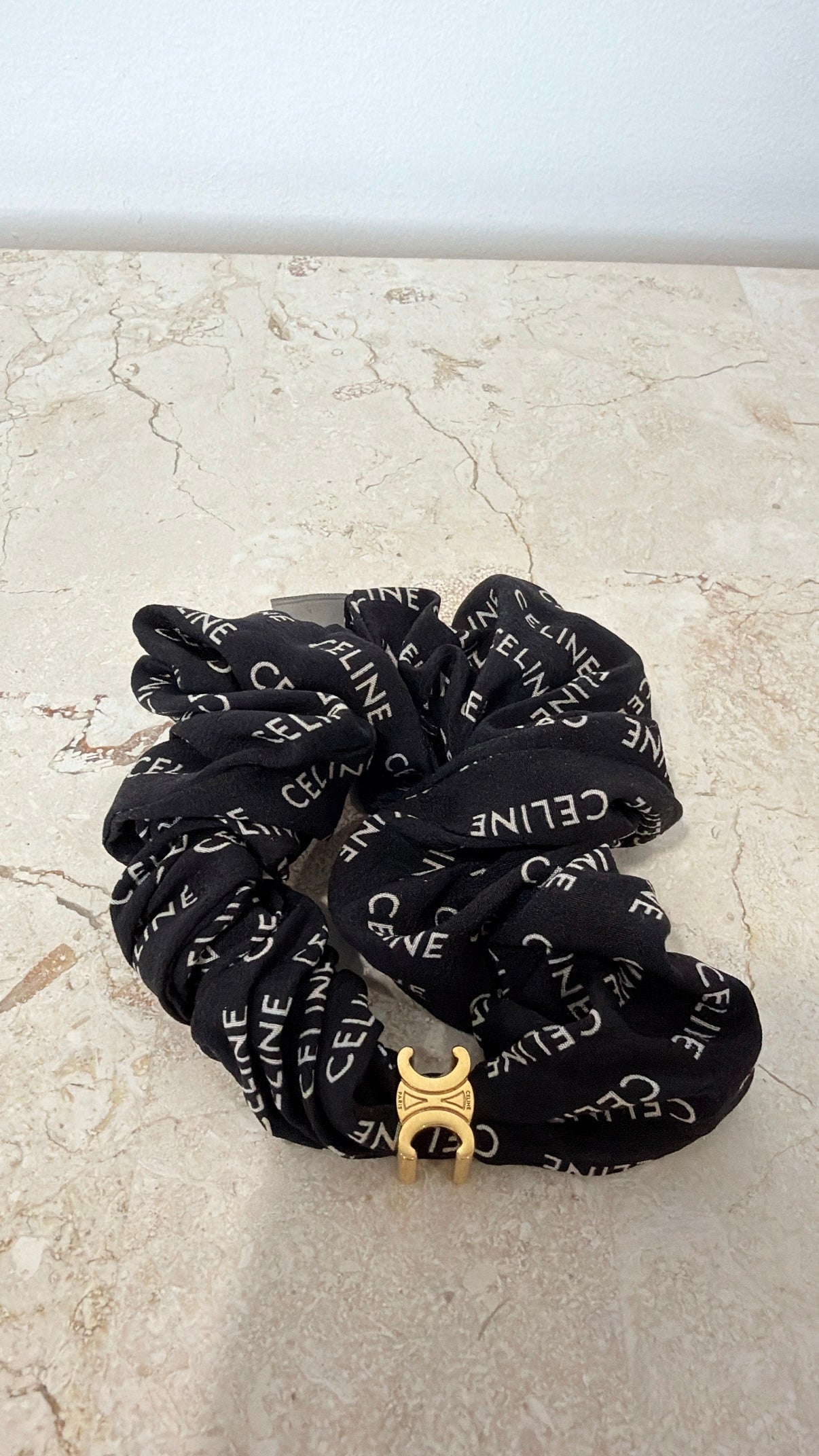 Celine Silk Logo Scrunchie With Gold Hardware