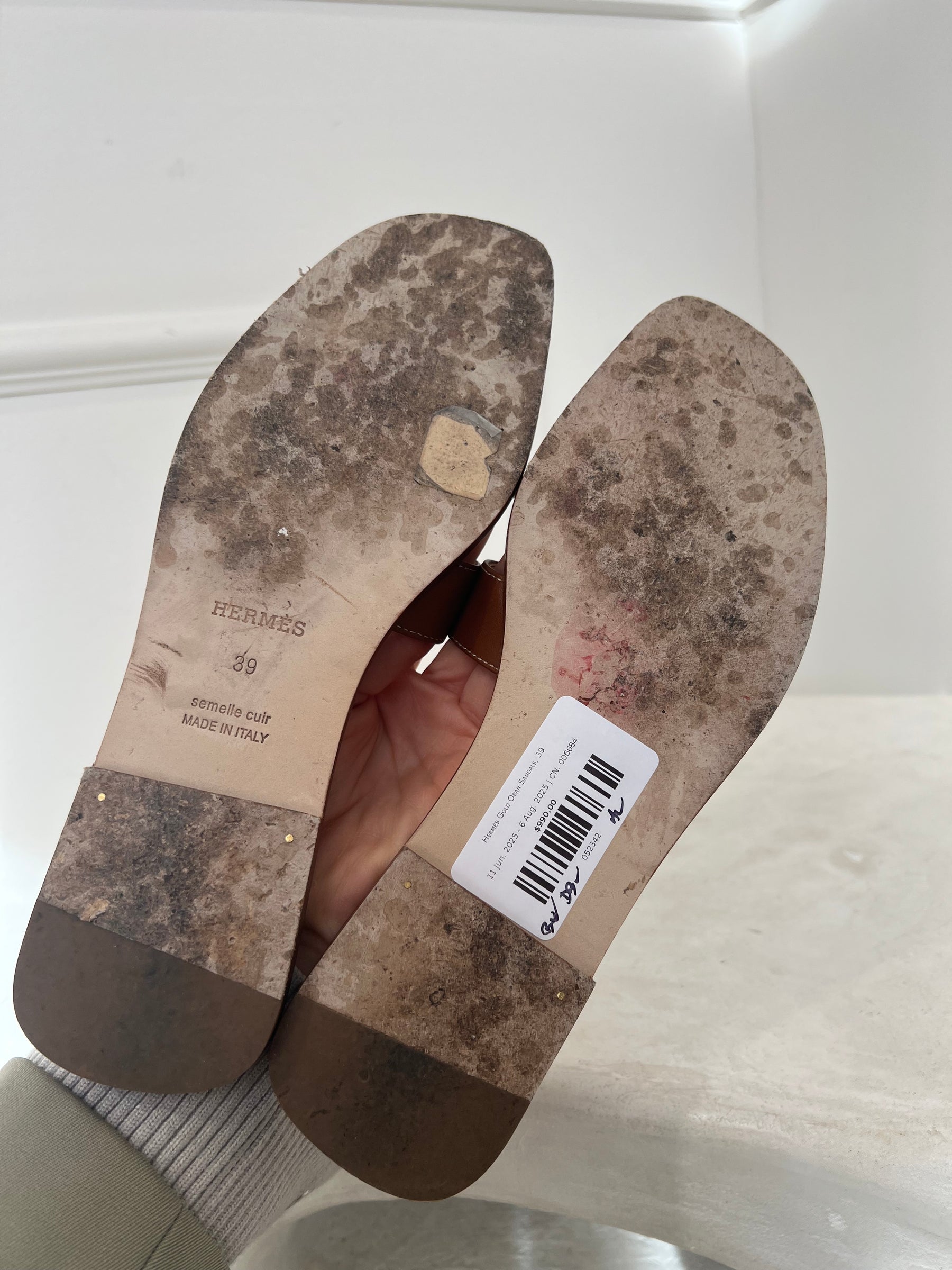 Hermès Gold Oran Sandals, 39