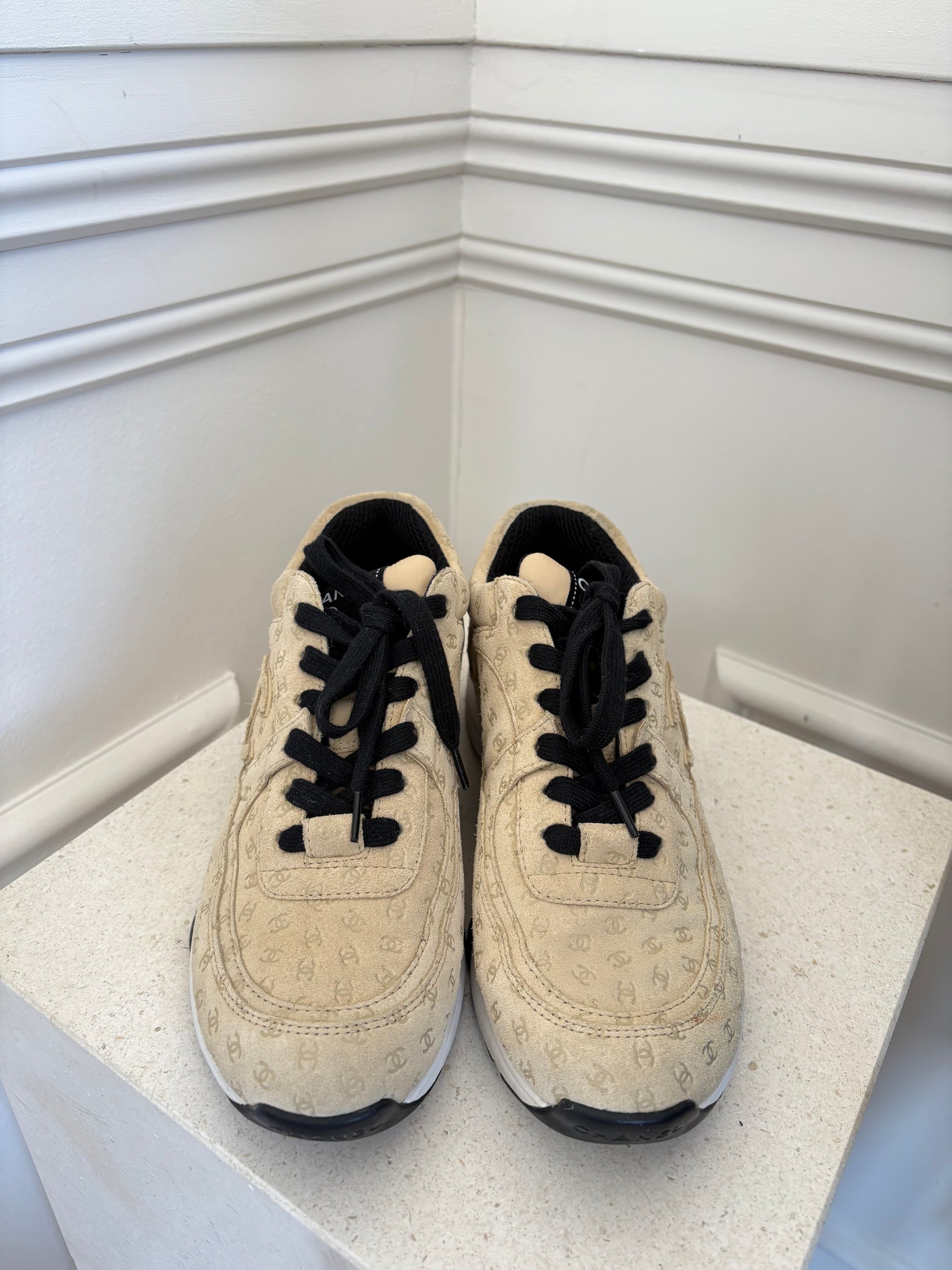 Chanel Beige Suede Logo Embossed Trainers, 38