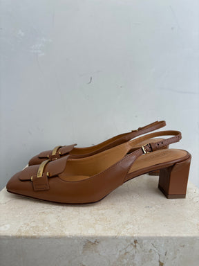 Tod's Tan Leather Gold Buckle Slingbacks, 38.5