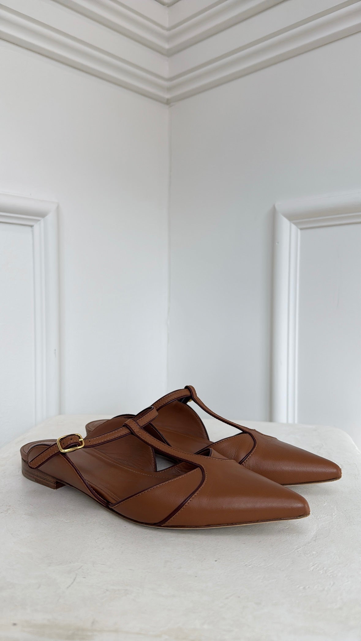 Malone Souliers Tan Leather Pointed T Bar Flats, 38