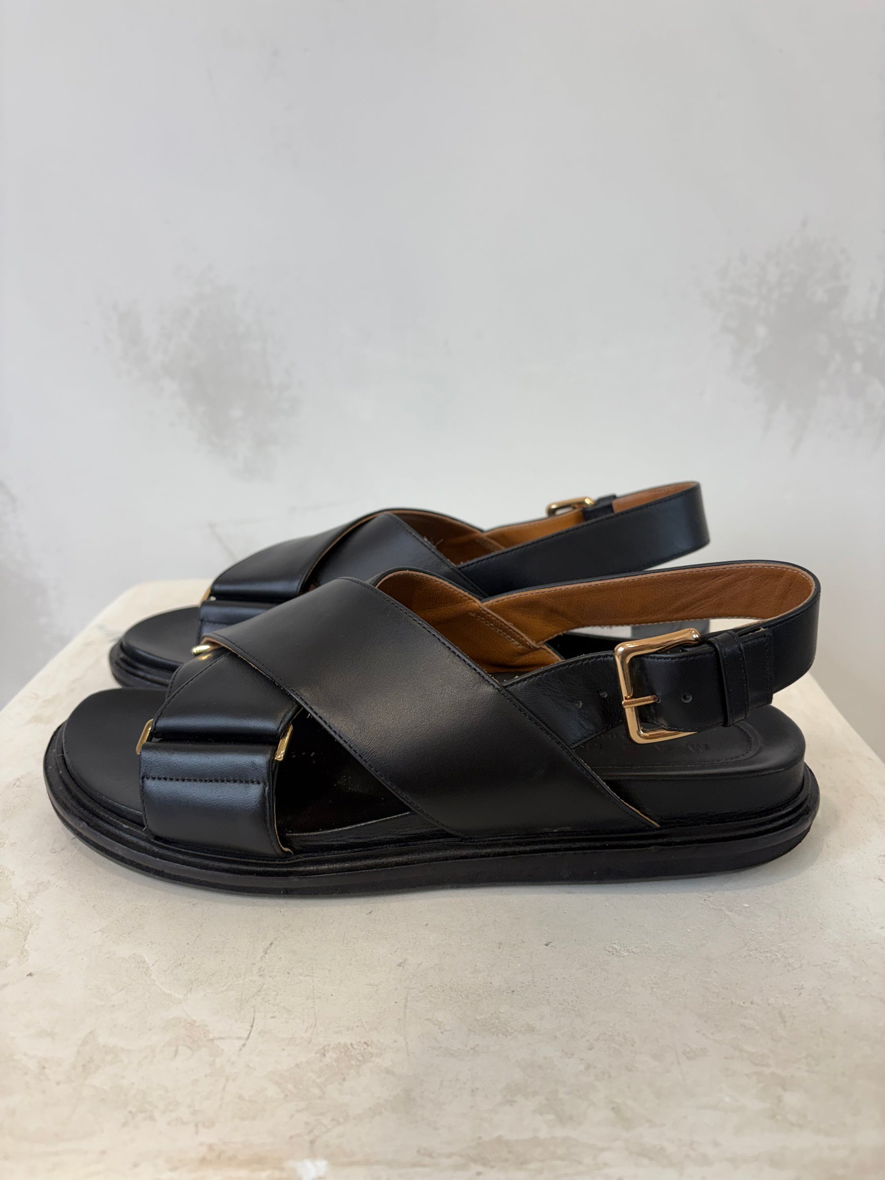Marni Black Leather Fussbet Sandals, 40