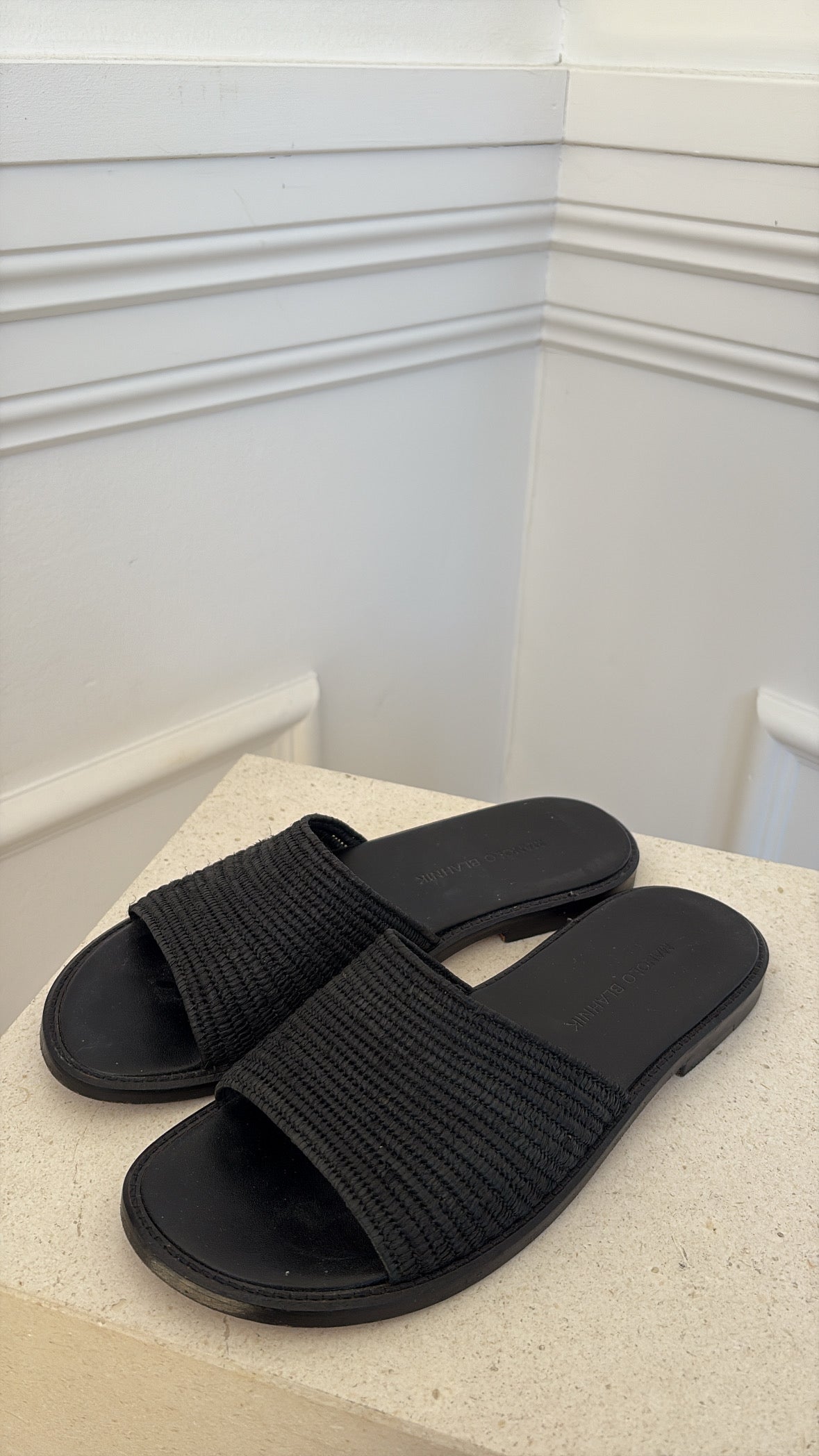 Manolo Blahnik Black Woven Raffia Slides, 40