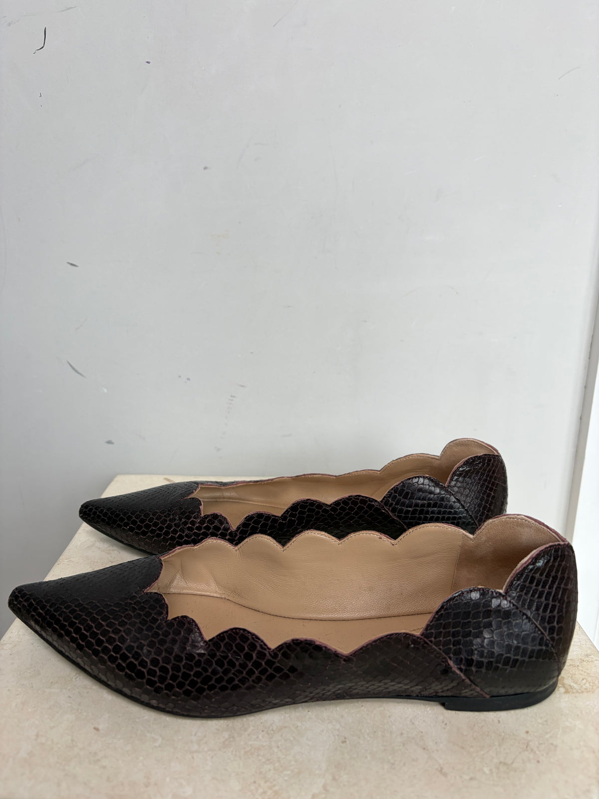 Chloé Plum Python Pointed Scalloped Ballet Flats, 37.5