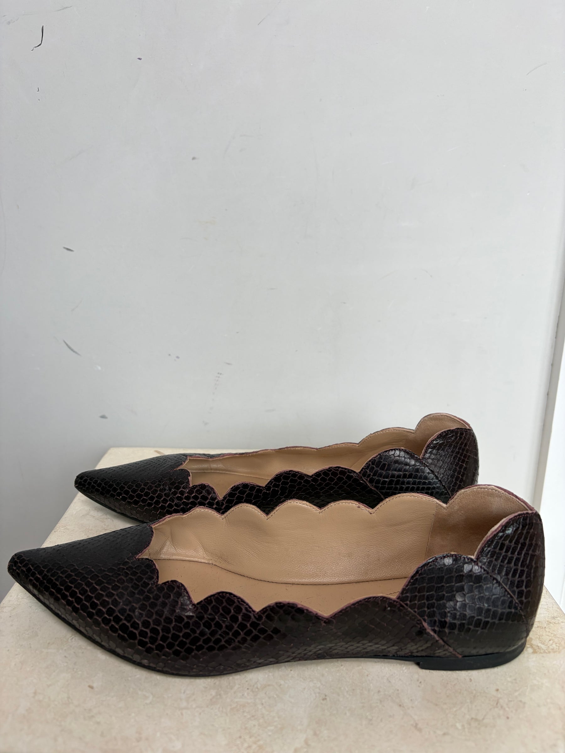 Chloé Plum Python Pointed Scalloped Ballet Flats, 37.5