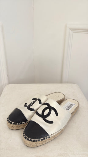 Chanel Logo Leather Espadrille Slide Black White, 38