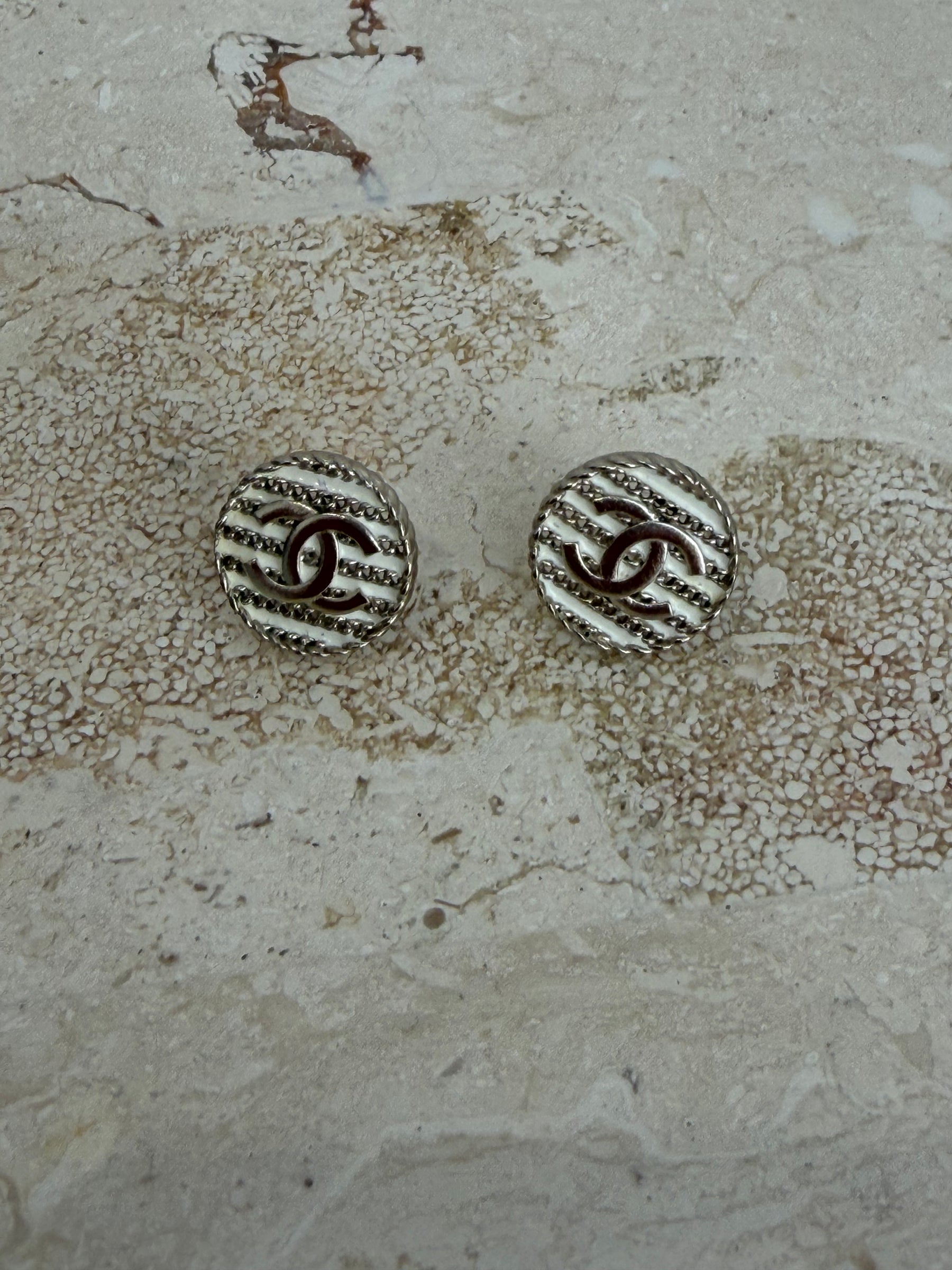 Chanel White and Silver Circle Logo Stud Earrings