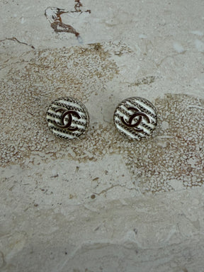 Chanel White and Silver Circle Logo Stud Earrings