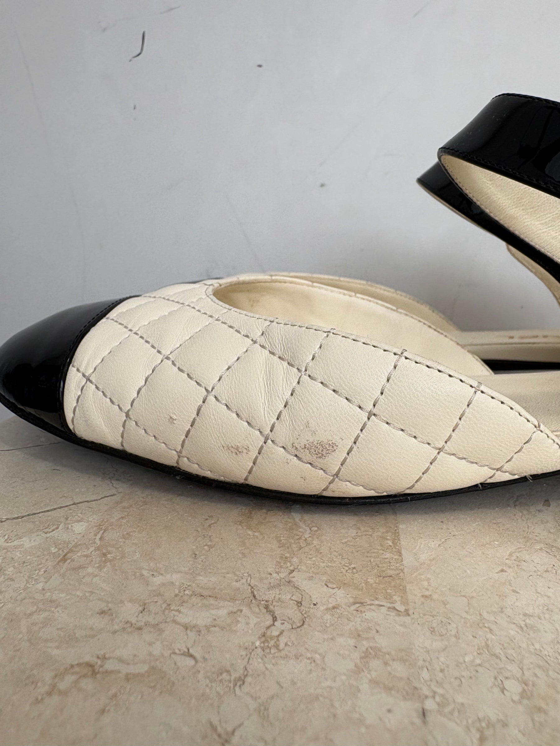 Chanel Lambskin and Patent Calfskin Ivory And Black Mary Jane Shoes, 39.5 C