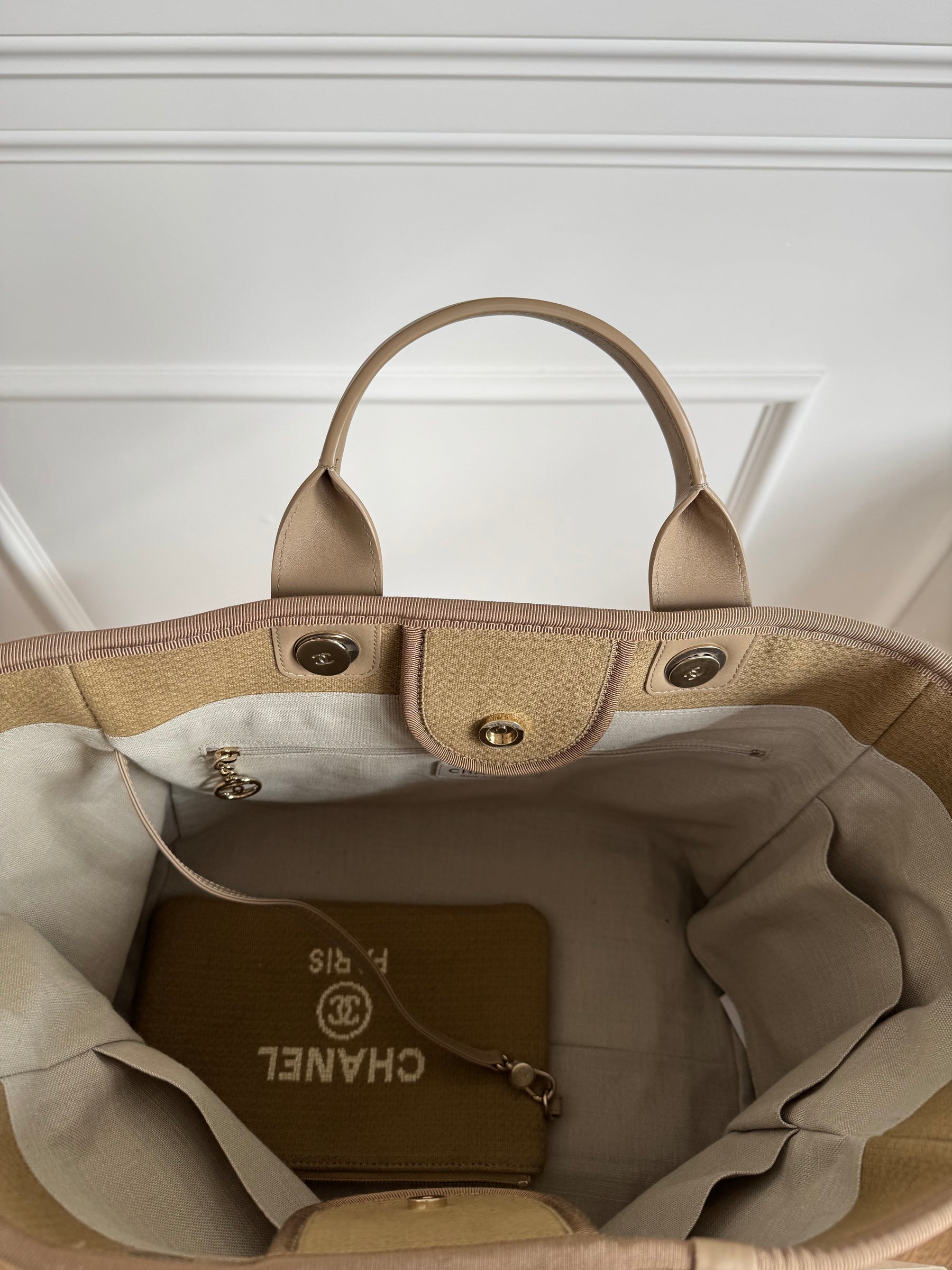 Chanel Dark Beige Canvas Deauville Tote Bag