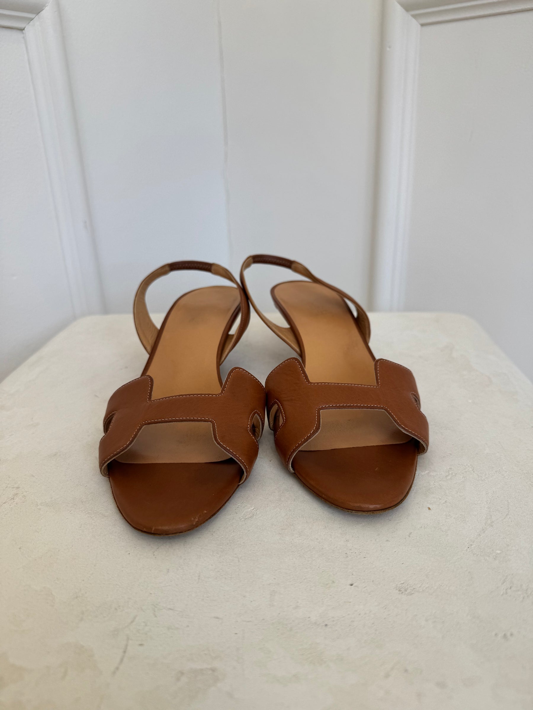 Hermès Tan H Slingback Kitten Heel Sandals, 38