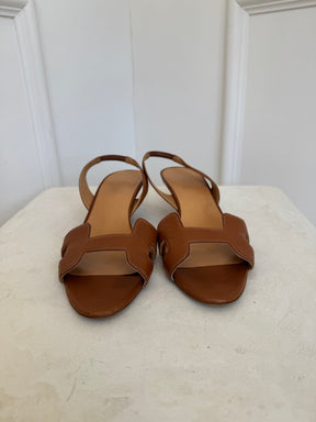 Hermès Tan H Slingback Kitten Heel Sandals, 38