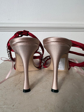 Jimmy Choo Red and Pale Pink Satin Crystal Bow Ankle Strap Heels, 39