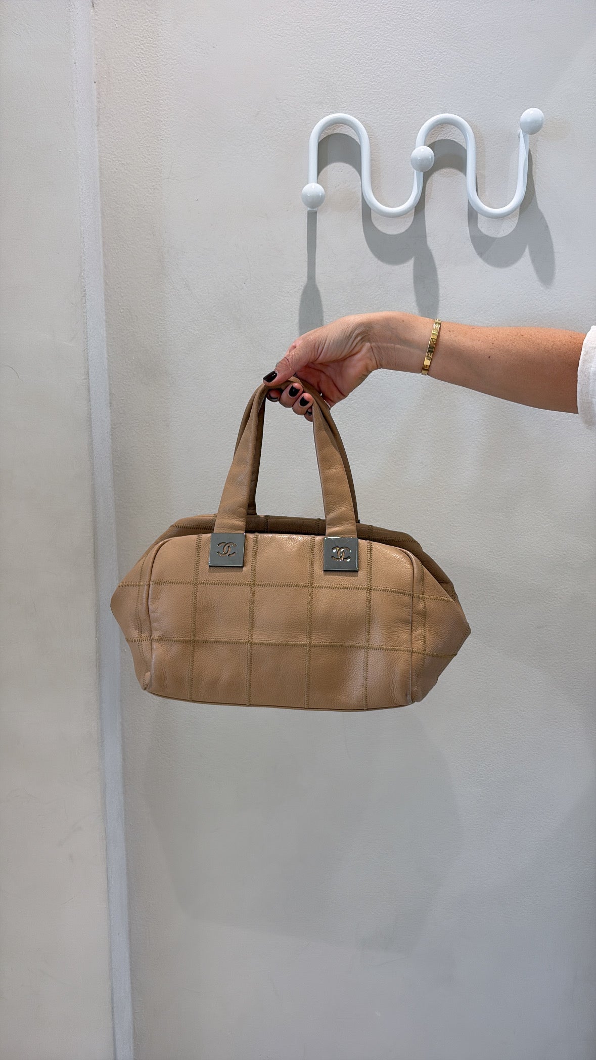 Chanel Beige Leather Logo Handle Bowling Bag
