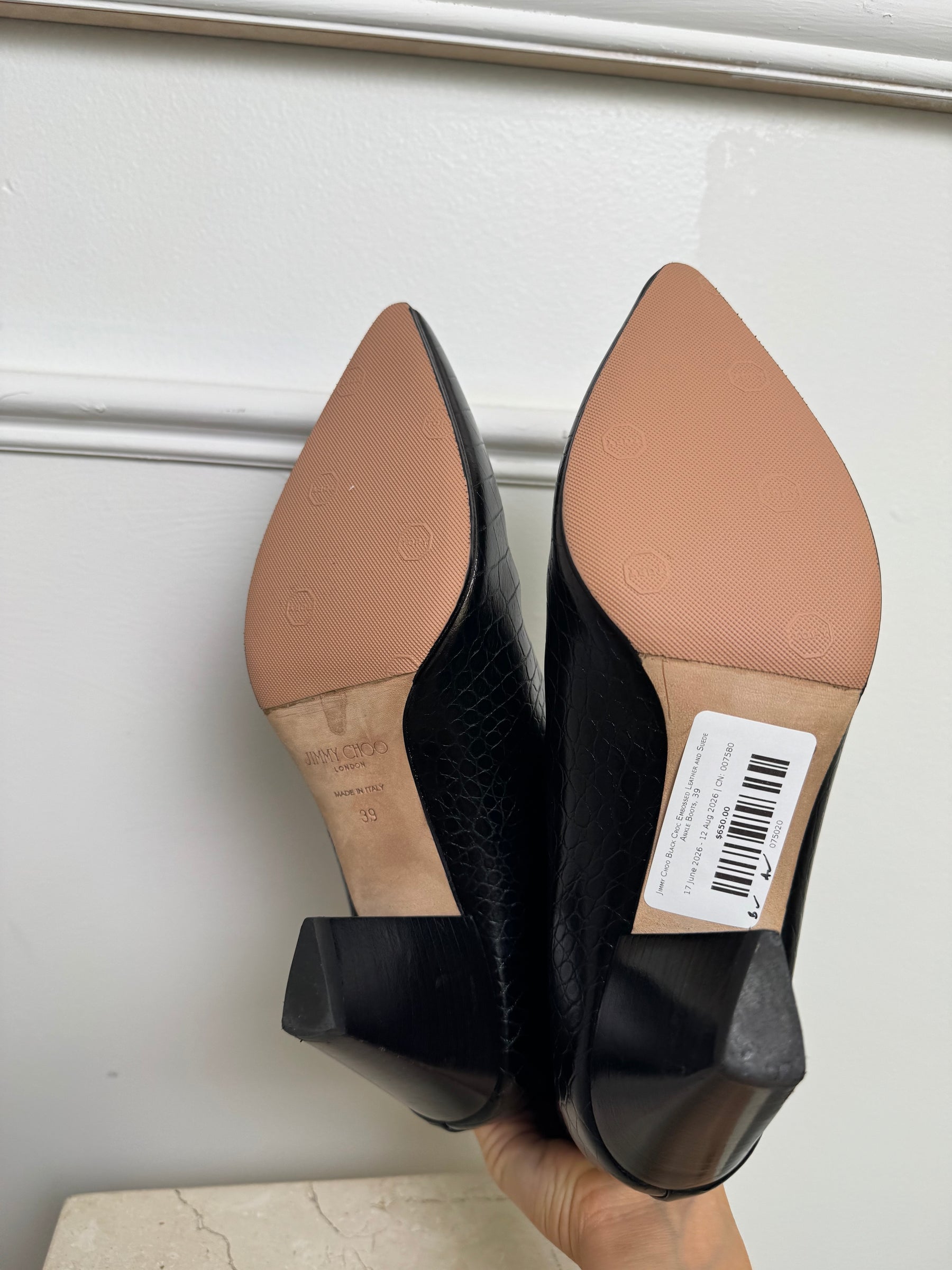 Jimmy Choo Black Croc Embossed Leather and Suede Ankle Boots, 39