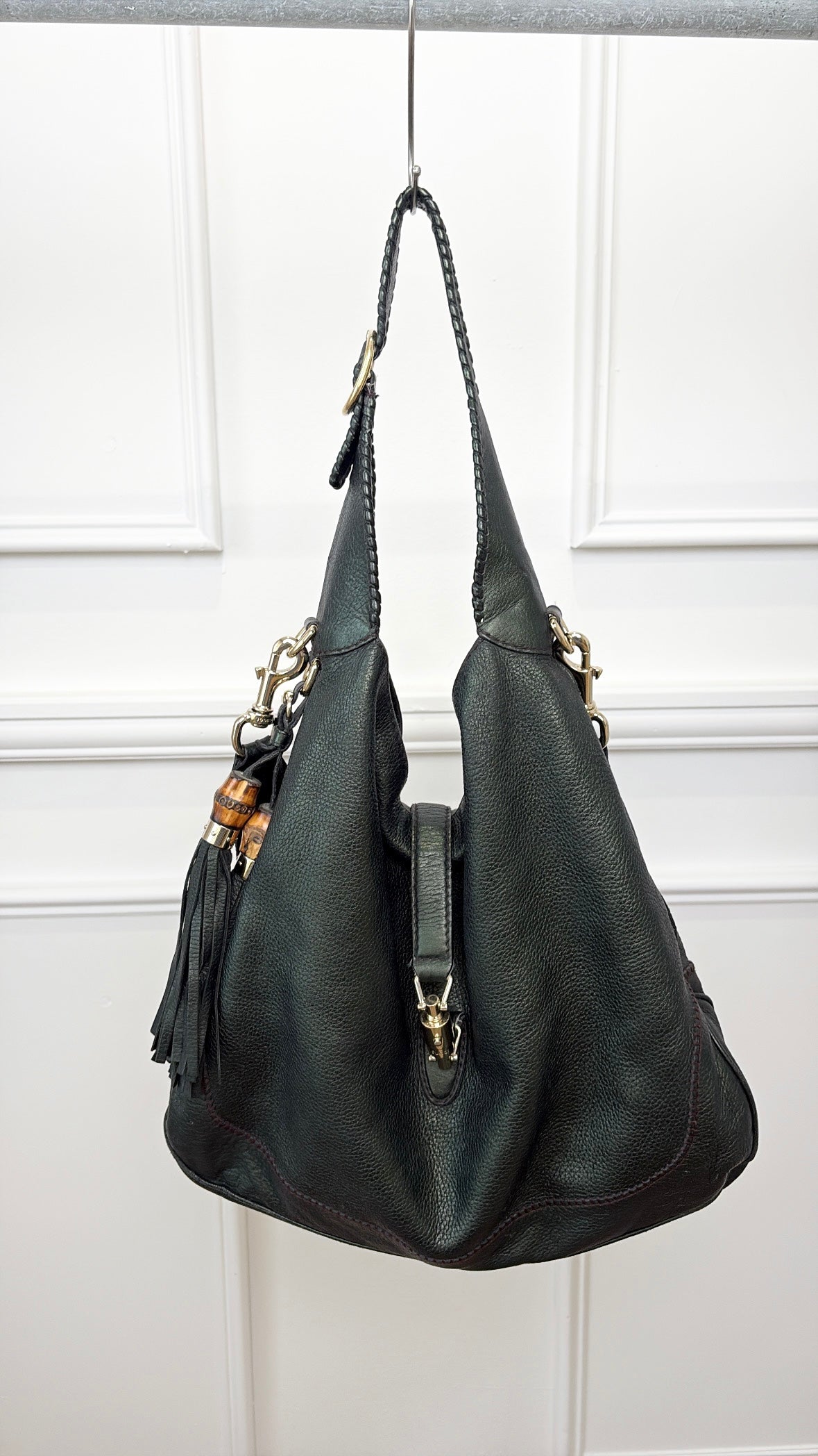 Gucci Emerald Green Metallic Leather Indy Jackie Hobo Bag