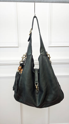 Gucci Emerald Green Metallic Leather Indy Jackie Hobo Bag