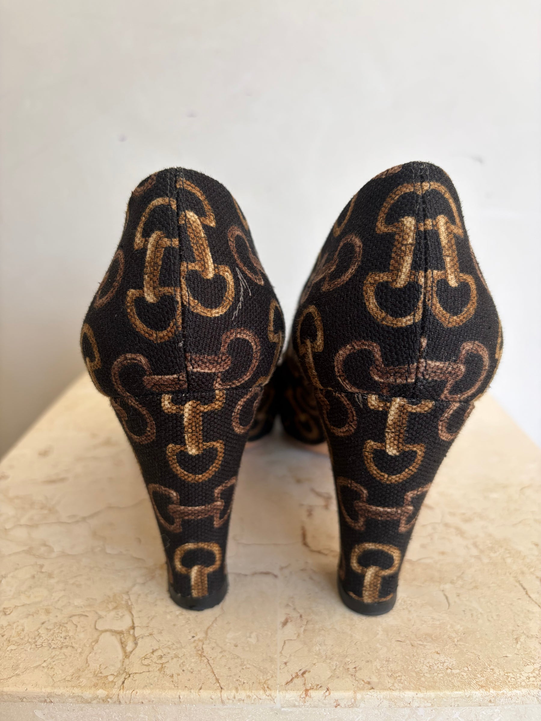 Gucci Black Horsebit Printed Canvas Square Toe Pumps, 39.5C
