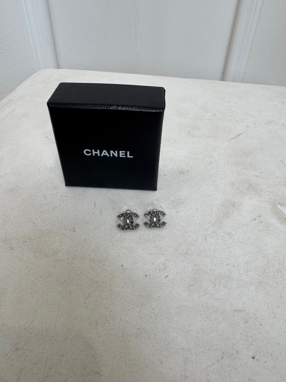 Chanel Ruthenium CC Logo Stud Earrings