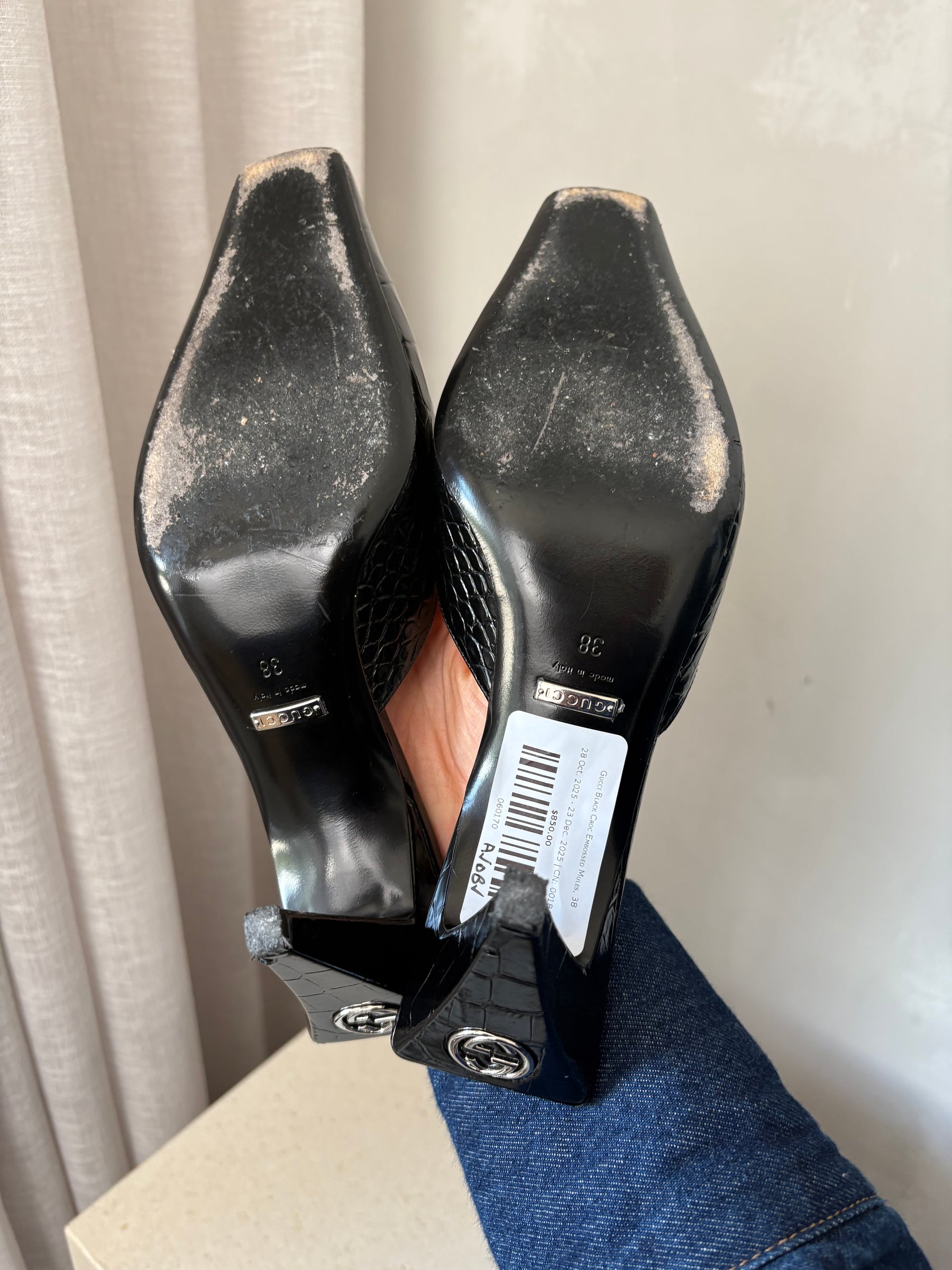 Gucci Black Croc Embossed Mules, 38