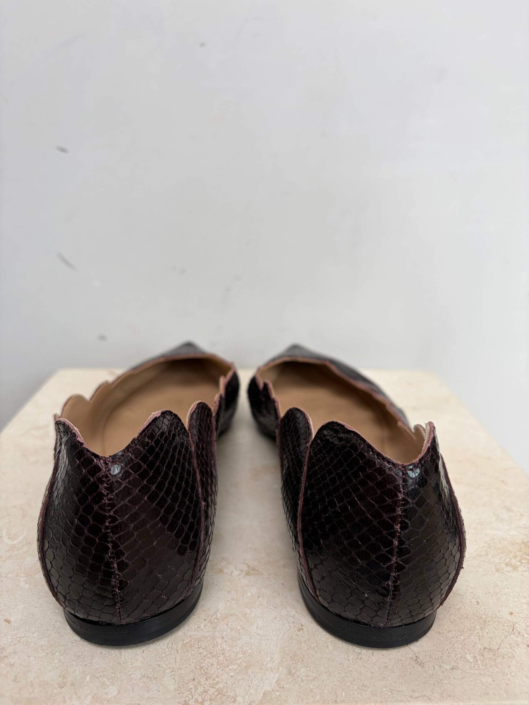 Chloé Plum Python Pointed Scalloped Ballet Flats, 37.5
