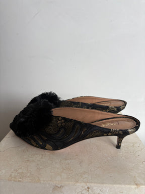 Aquazzura Jacquard Plumes Mules Black Gold, 40