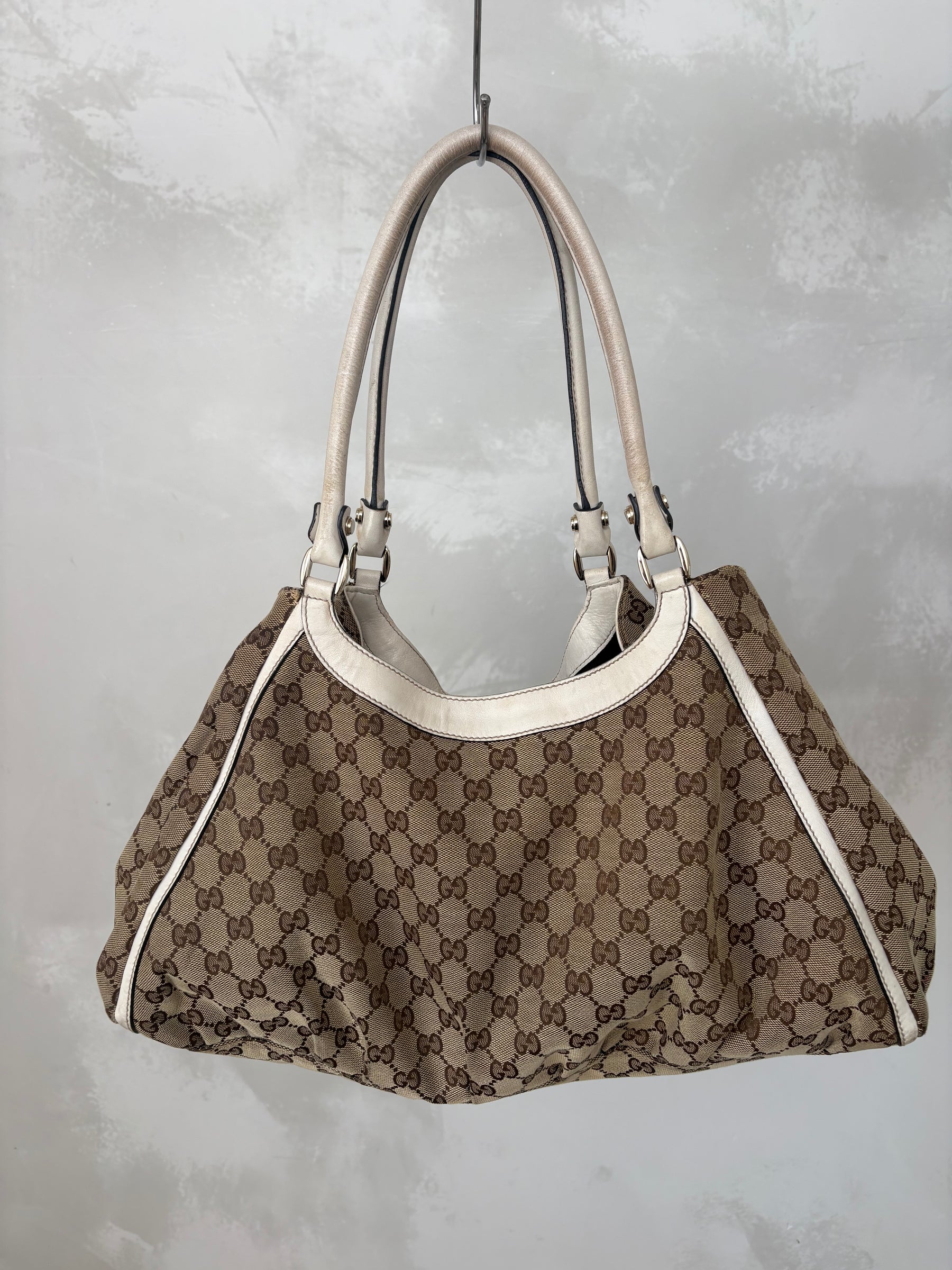 Gucci Canvas Monogram and White Leather Abbey D Ring Hobo Bag