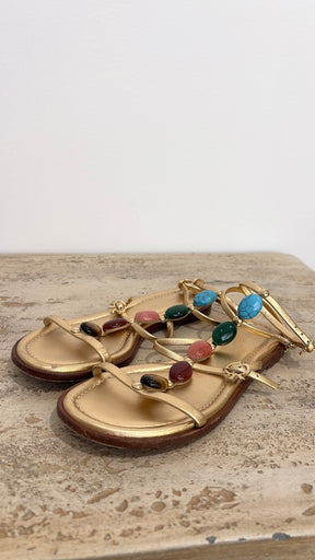 Gianvito Rossi Gold Leather Stone Embellished 'Shanti' Sandals, 35.5