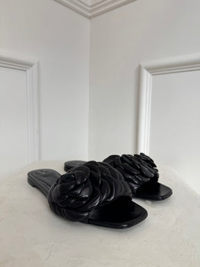 Valentino Black Leather Rose Atelier Slides, 39