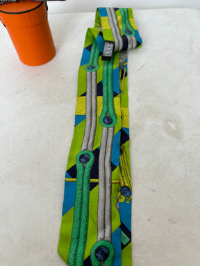 Hermès Green and Lime and Blue Equestrian Printed Twilly