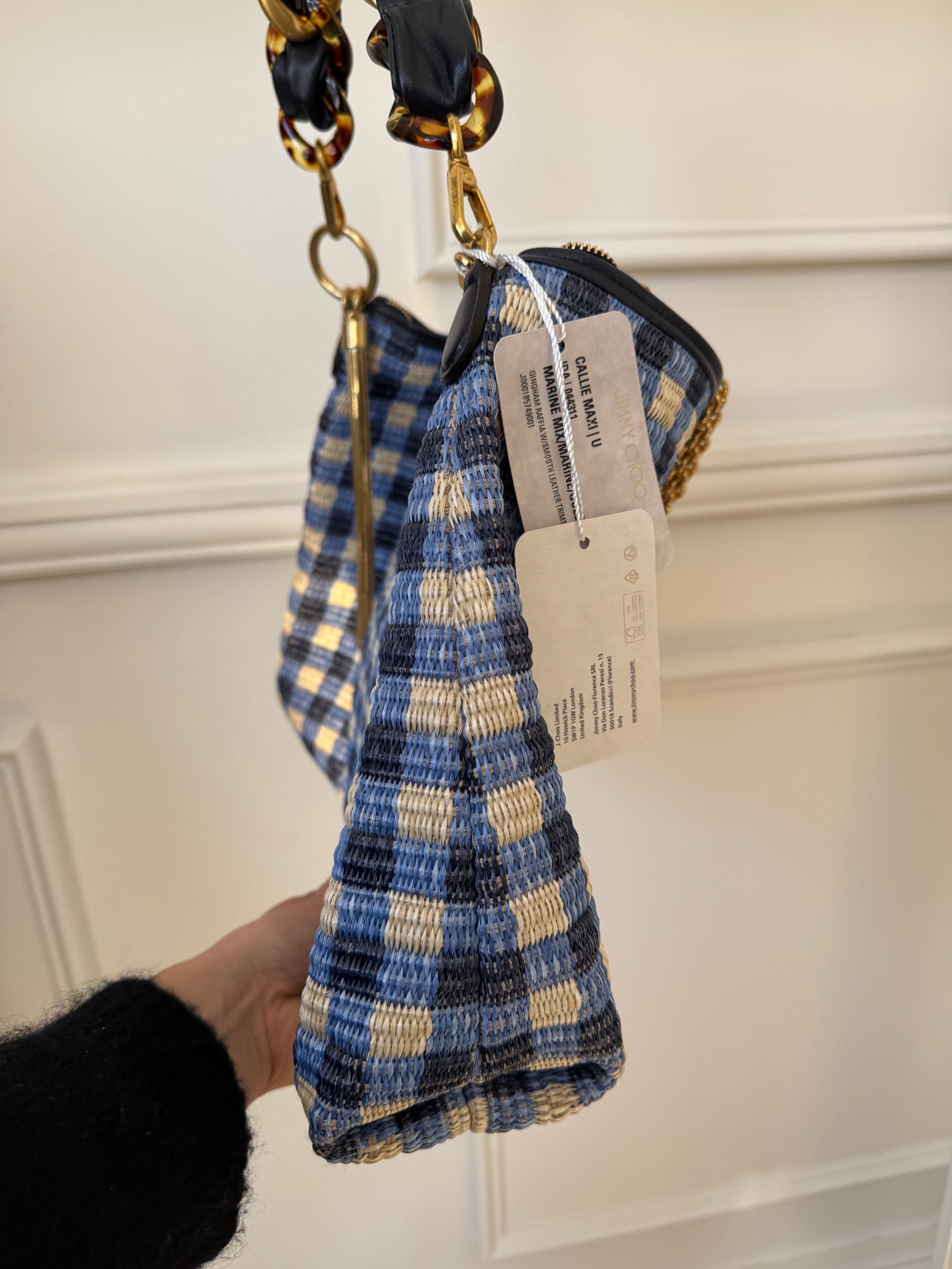 Jimmy Choo Blue Navy and Beige Checked Raffia Cali Maxi Bag