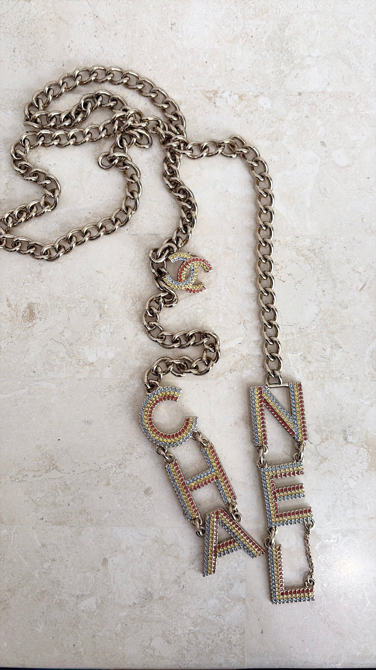 Chanel Champagne Chain Multi Crystal Logo Drop Necklace