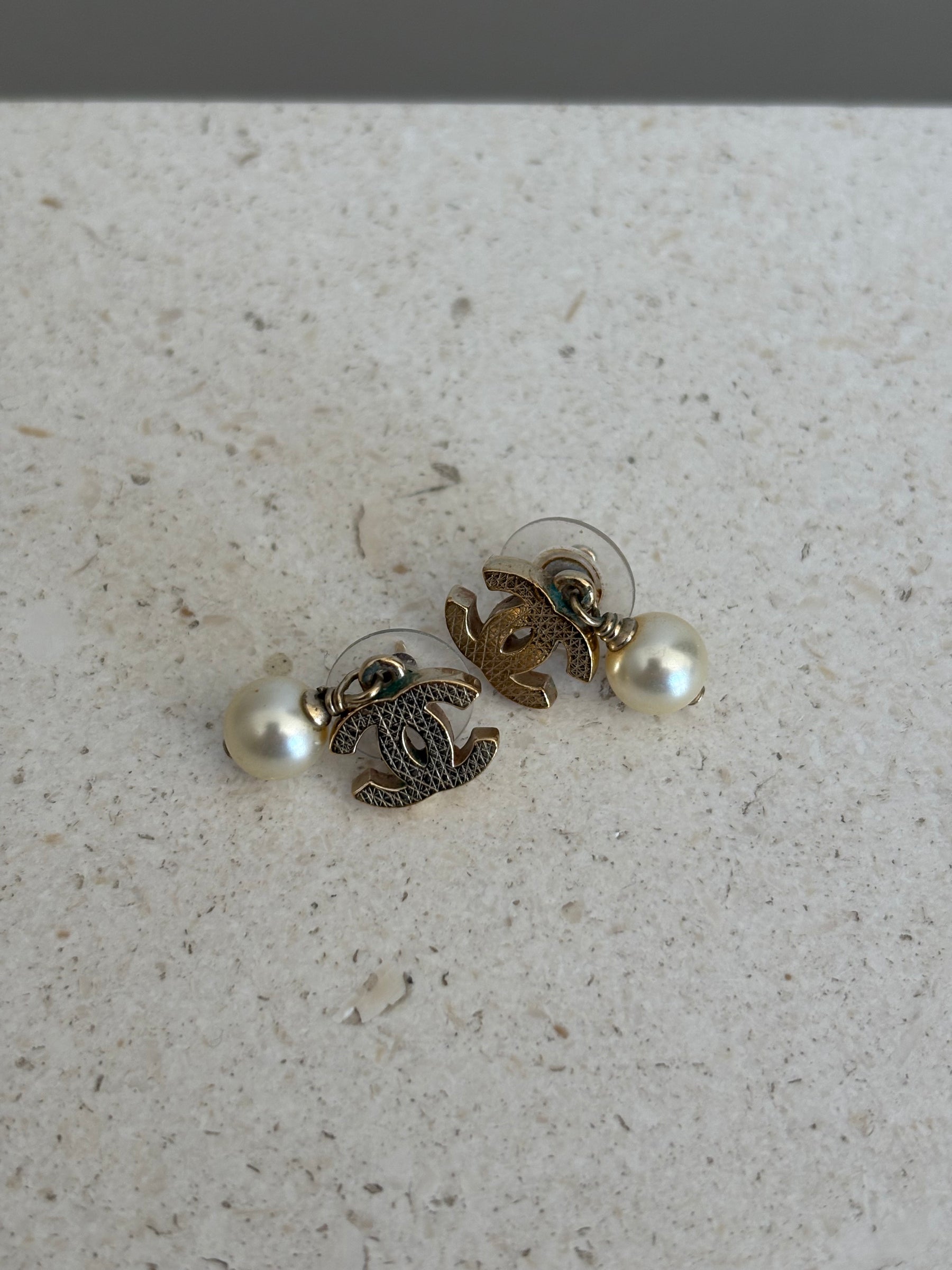 Chanel Pearl Drop Earrings Gold Tone